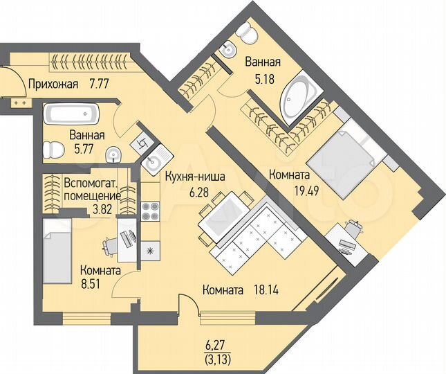 3-к. квартира, 76,8 м², 15/16 эт.