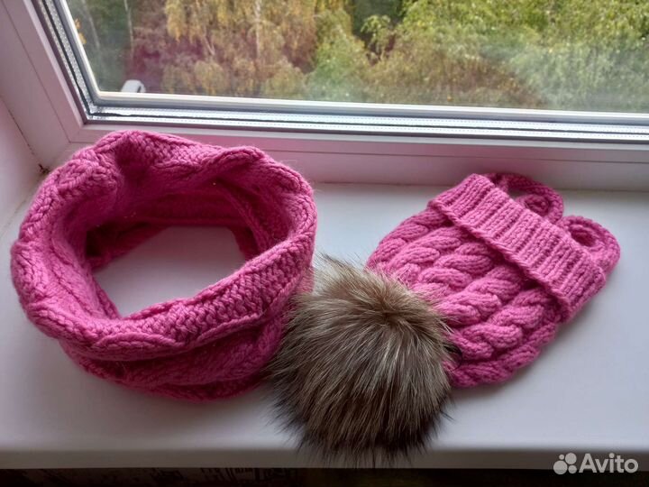 Детская вязаная шапка с помпоном, снуд