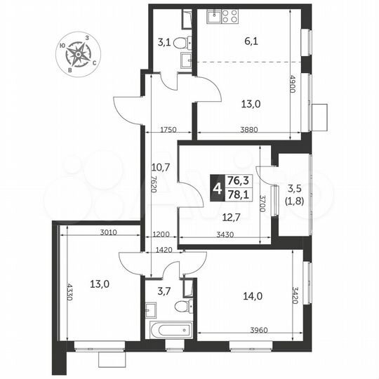 4-к. квартира, 78,3 м², 10/25 эт.