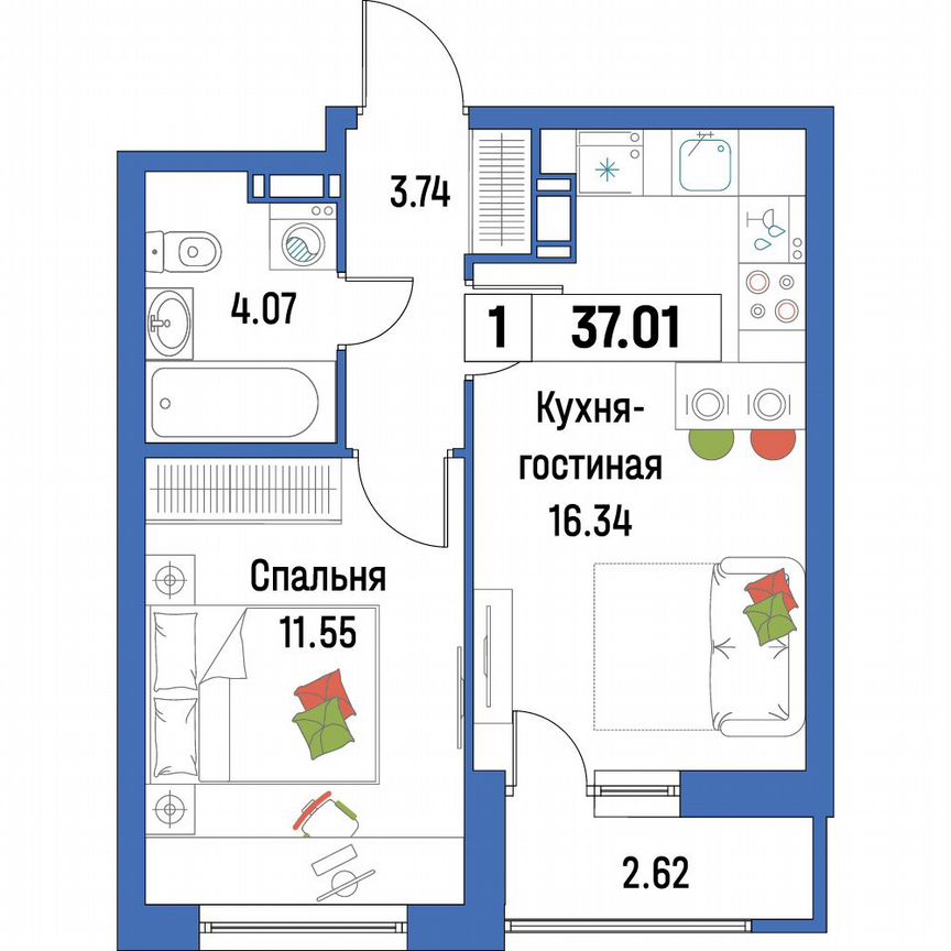 1-к. квартира, 37 м², 9/16 эт.