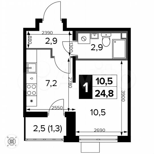 Квартира-студия, 24,8 м², 9/14 эт.