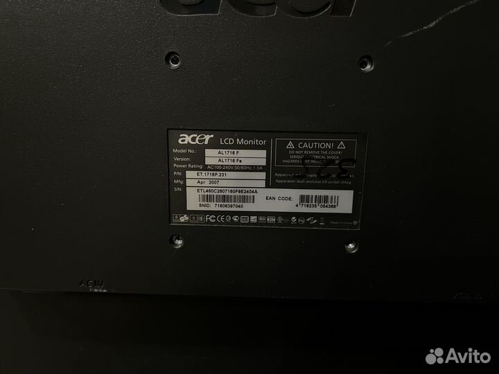 Монитор для компьютера acer 50/60 Hz 17 дюймов