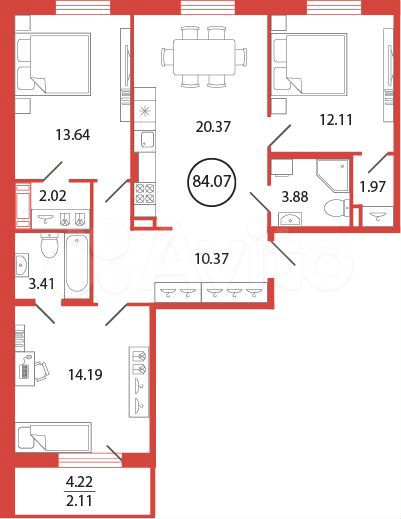 3-к. квартира, 84,1 м², 9/12 эт.