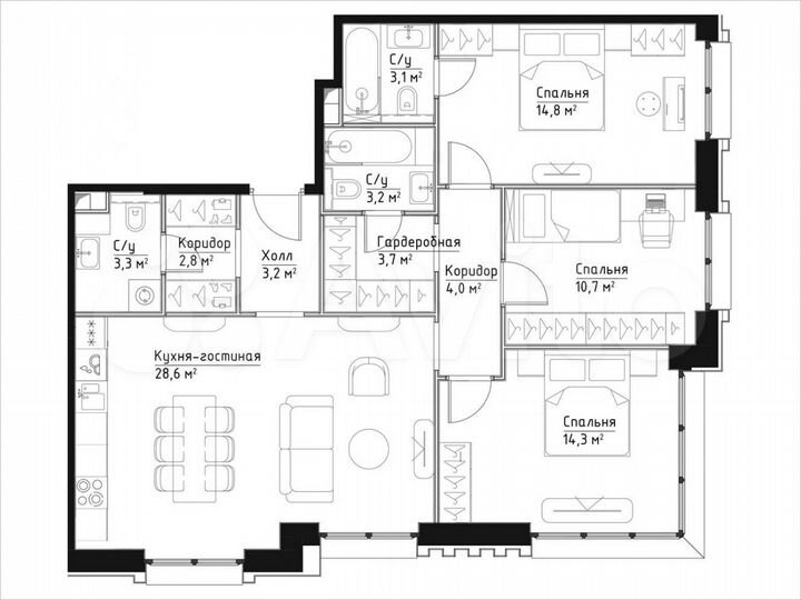 3-к. квартира, 91,7 м², 2/28 эт.