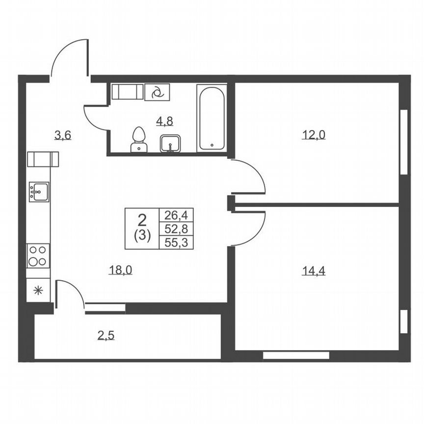 2-к. квартира, 55,3 м², 2/8 эт.