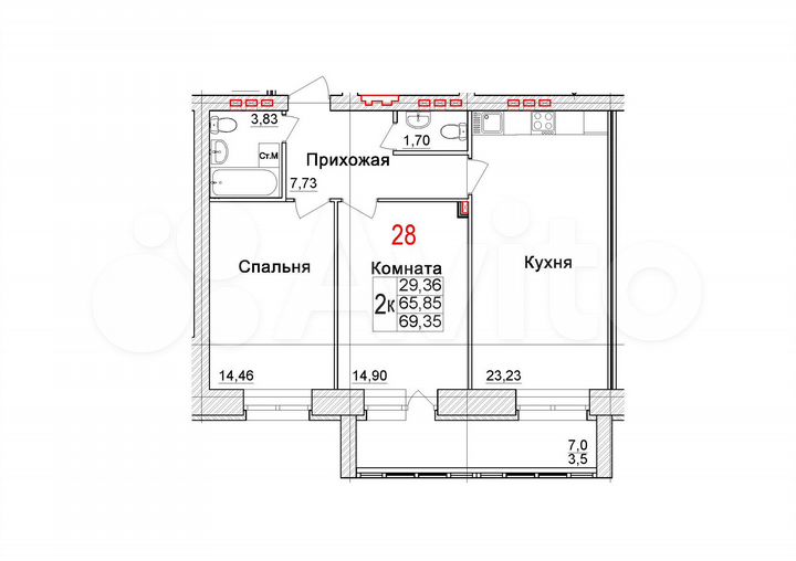 2-к. квартира, 69,4 м², 3/4 эт.