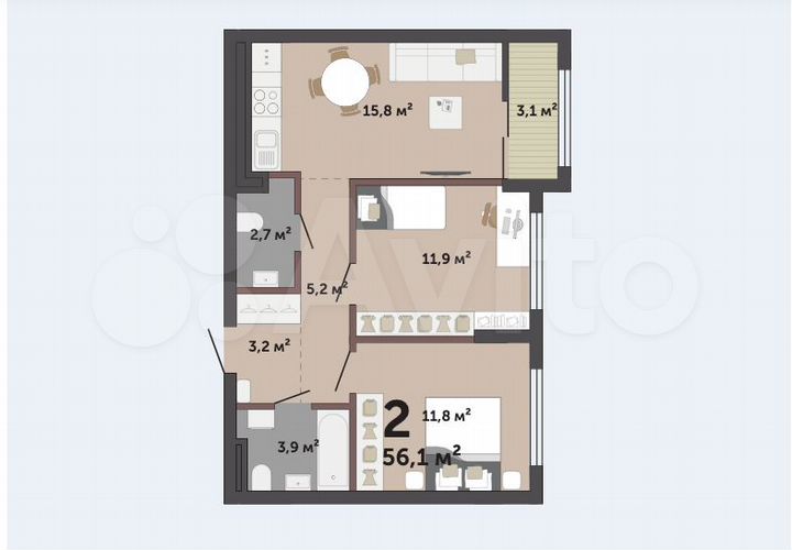 2-к. квартира, 56,1 м², 2/17 эт.