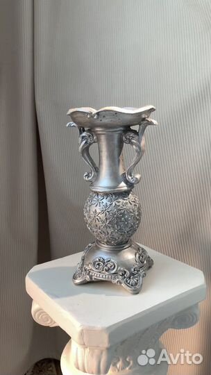 Гипсовый подсвечник декор серебристый классика