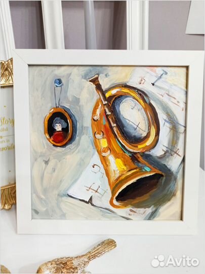 Картина натюрморт музыкальный труба ноты живопись