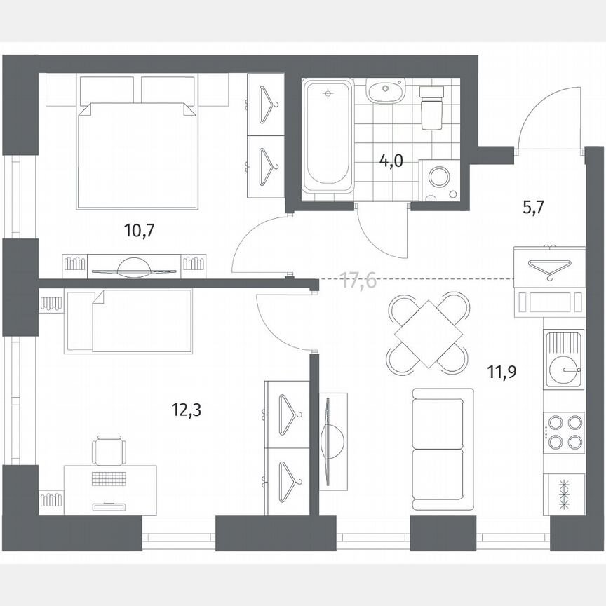 2-к. квартира, 44,8 м², 5/12 эт.