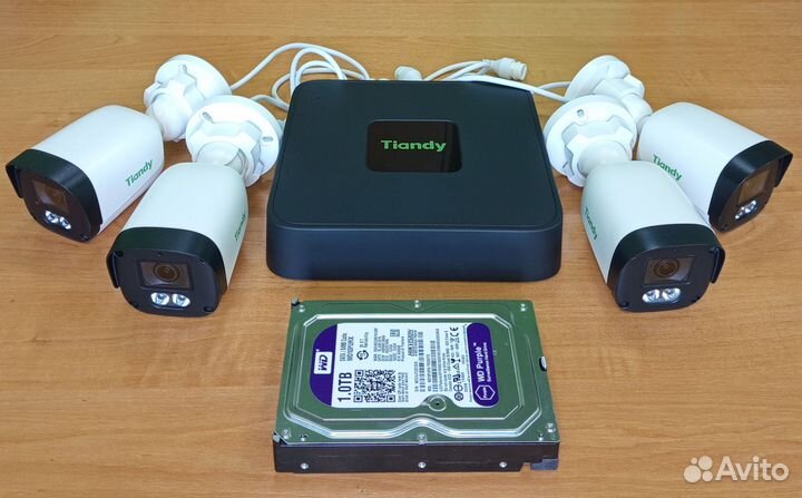 Tiandy 4 цилинд IP камеры 2Мп с микф +рег +HDD 1Тб