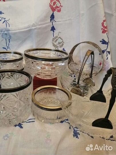 Вазы хрусталь мельхиоровый, серебряный ободок СССР