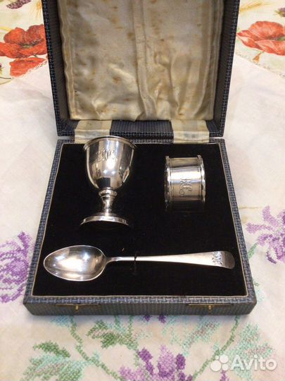 Антикварный крестильный набор серебро Англия
