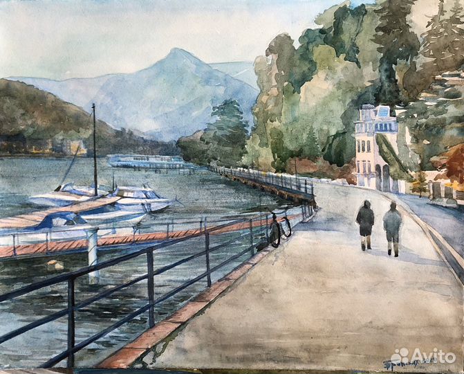 Акварельная картина «Вечер на озере Комо»