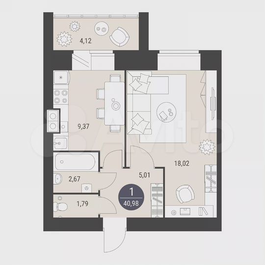 1-к. квартира, 41 м², 6/10 эт.