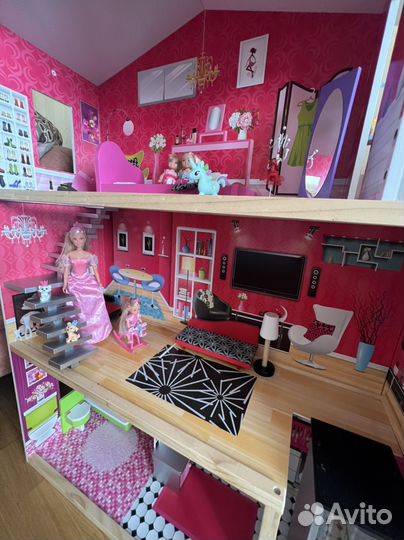Большой домик для барби с мебелью (деревянный)