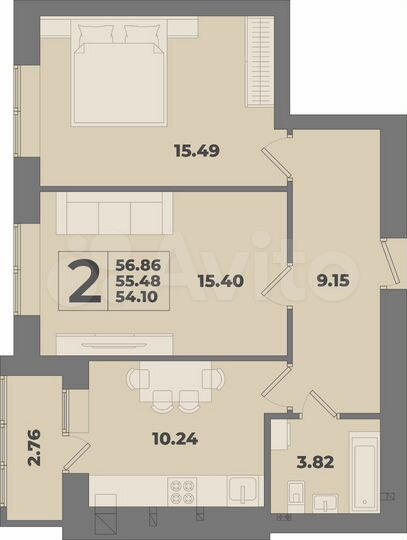 2-к. квартира, 56,9 м², 8/10 эт.