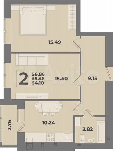 2-к. квартира, 56,9 м², 8/10 эт.