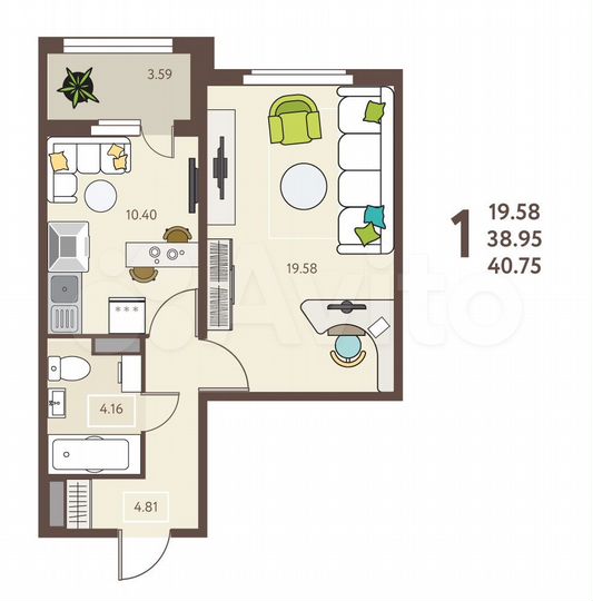 1-к. квартира, 40,8 м², 7/18 эт.