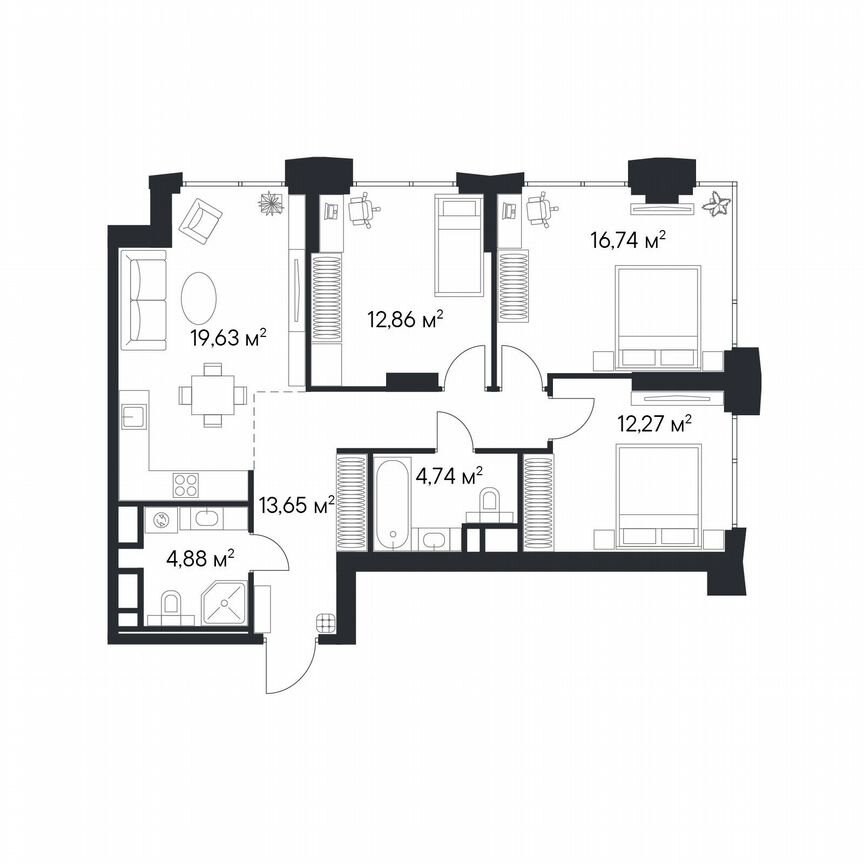 3-к. квартира, 82,9 м², 19/28 эт.