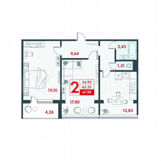 2-к. квартира, 67,5 м², 4/10 эт.