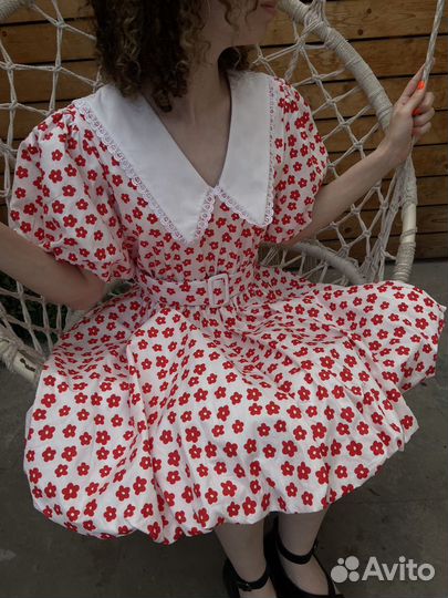 Платье babydoll красное цветочек 42 44 46 хлопок