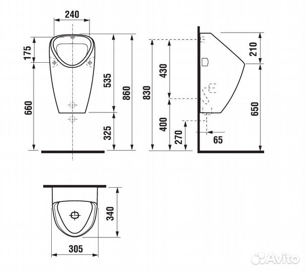 Писсуар с радарным датчиком, питание от сети, сифон, установочный комплект