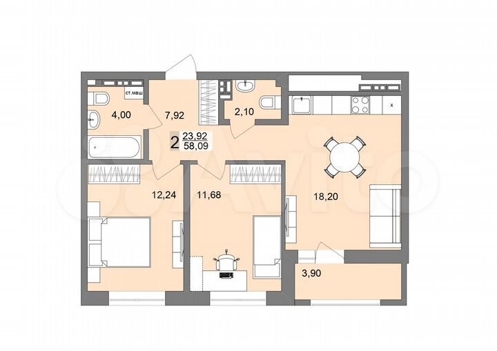 2-к. квартира, 58,1 м², 18/26 эт.