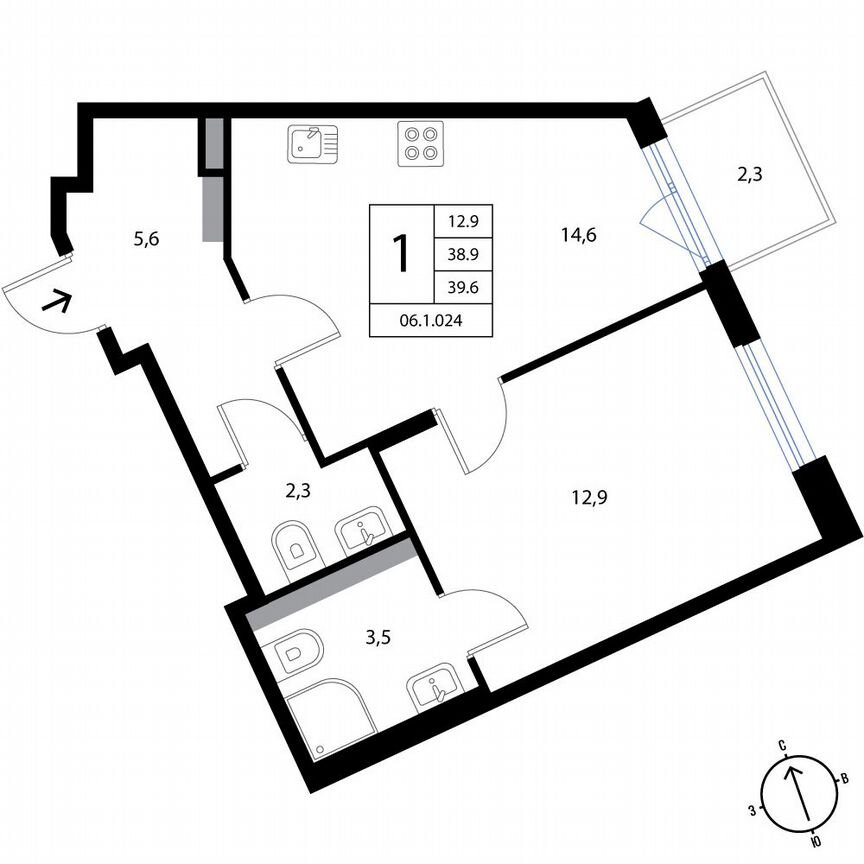 1-к. квартира, 39,6 м², 3/3 эт.