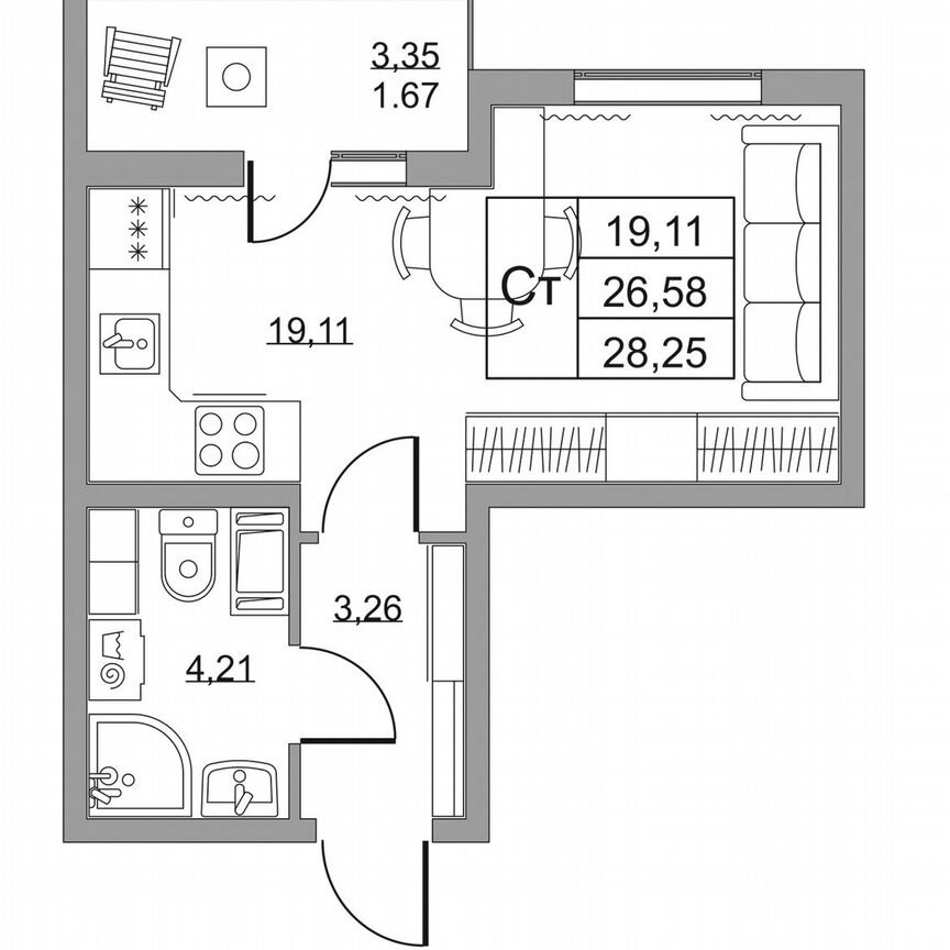 Квартира-студия, 28,3 м², 3/19 эт.