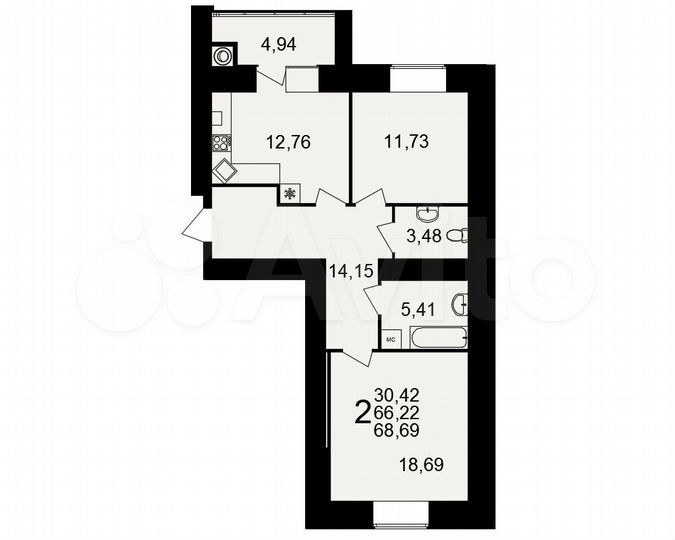 2-к. квартира, 68,7 м², 3/15 эт.