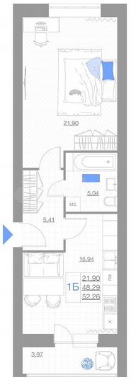 1-к. квартира, 52,3 м², 5/5 эт.