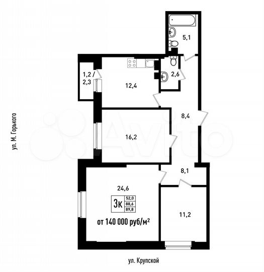 3-к. квартира, 89,8 м², 3/6 эт.