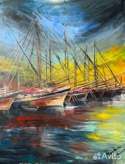 Картина пейзаж море корабли яхты