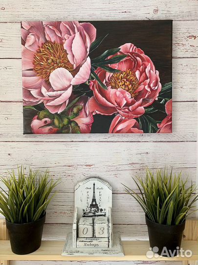 Картина акрилом на холсте цветы «Пионы»