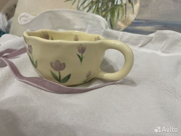 Чашка керамика ручная с тюльпанами