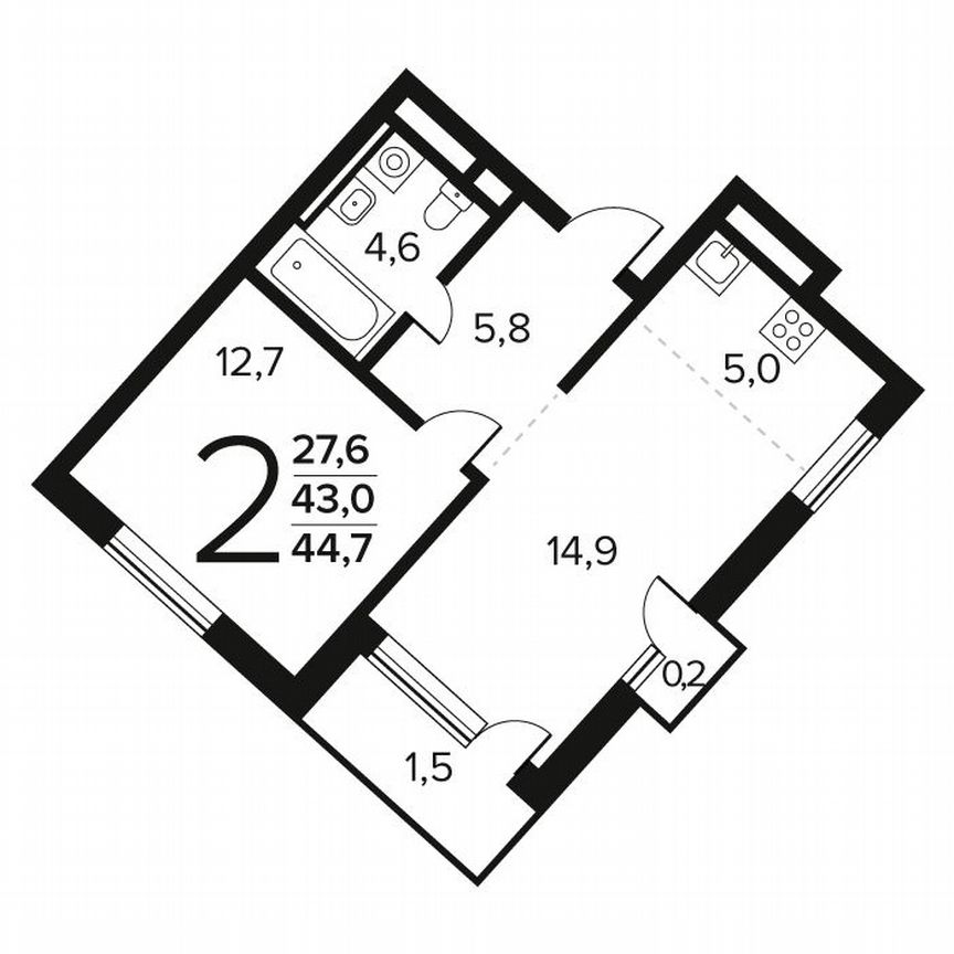 2-к. квартира, 44,7 м², 8/12 эт.