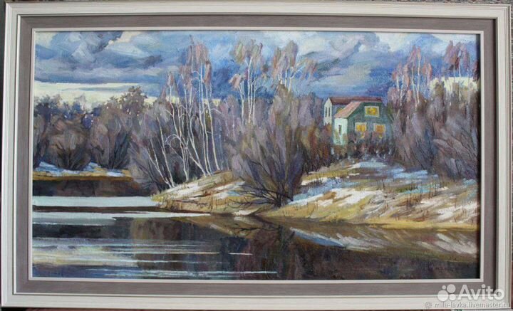 Картина маслом весенний пейзаж в раме 45х80