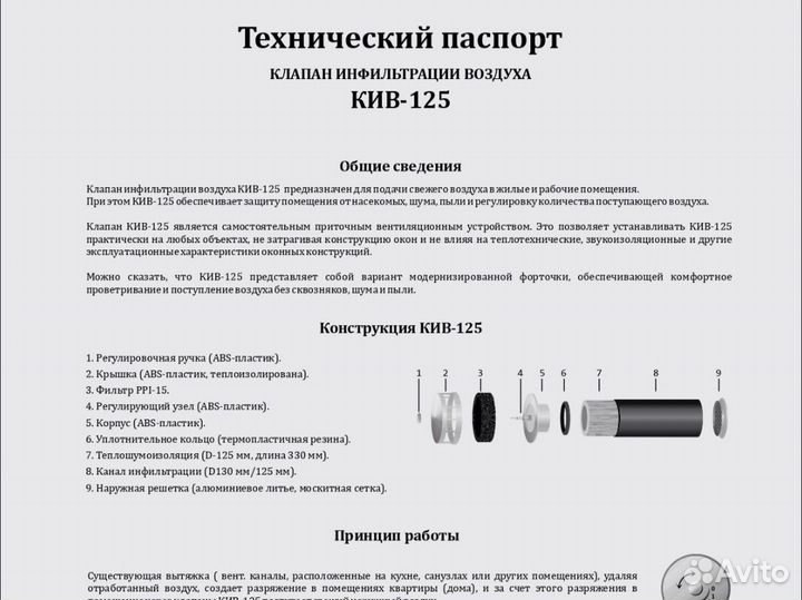 Круглый приточный клапан кив-125 с 500 мм