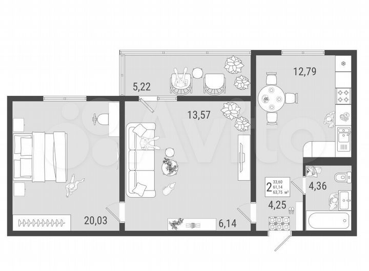 2-к. квартира, 64 м², 4/9 эт.