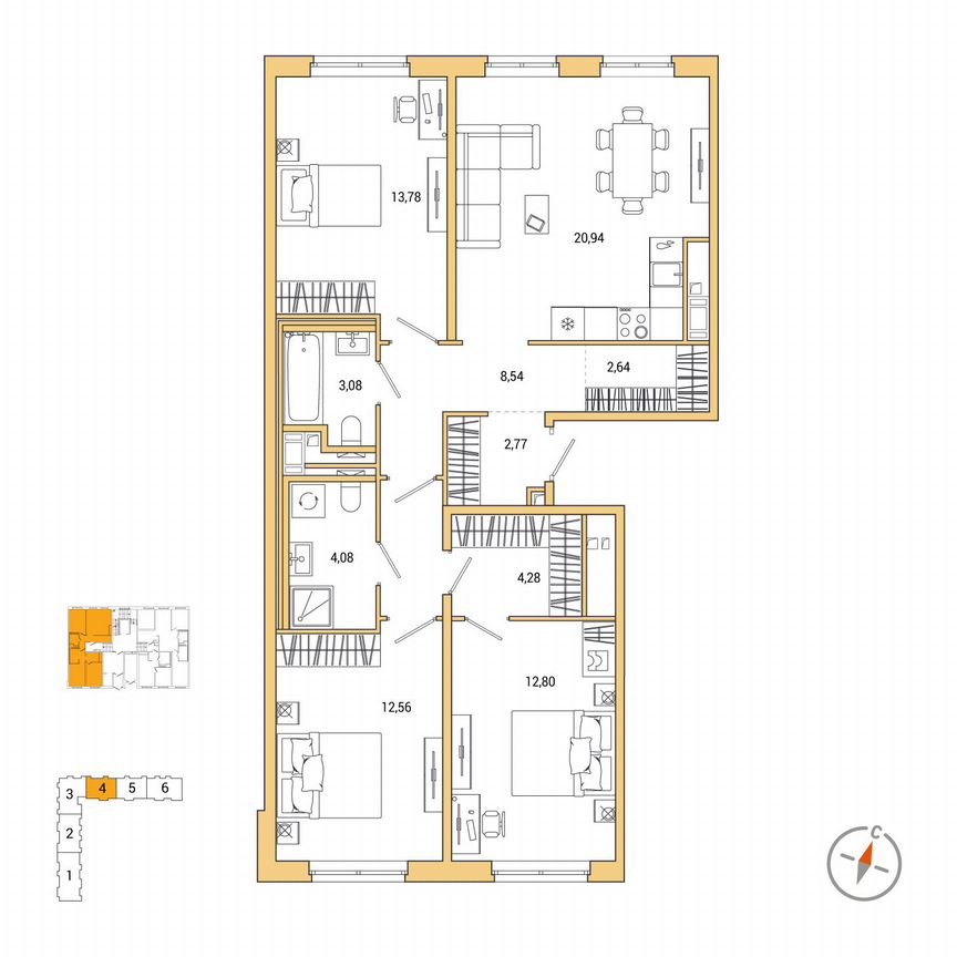 3-к. квартира, 85,5 м², 1/7 эт.