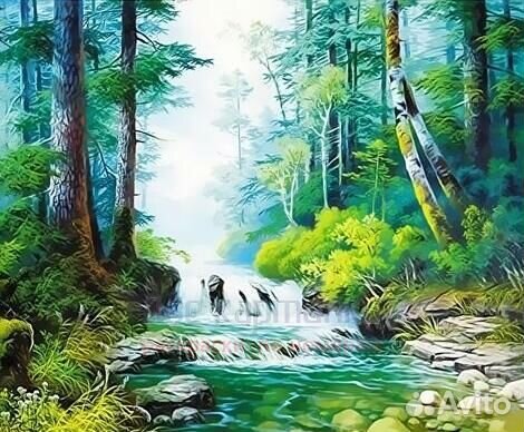 Картина по номерам 40x50 Быстрая река в густом лес