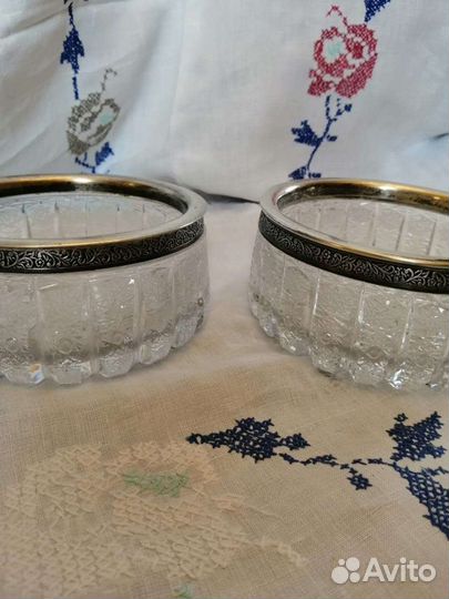 Вазы хрусталь мельхиоровый, серебряный ободок СССР