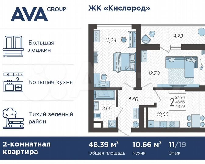 2-к. квартира, 48,4 м², 11/19 эт.