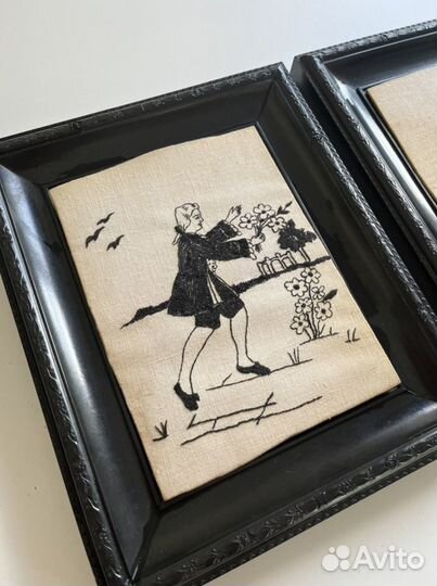 Старинная вышивка в раме, комплект вышивка СССР