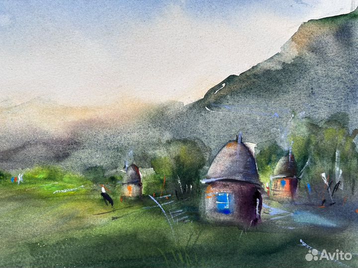 Акварель Горы Кавказ восход утро воздух