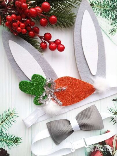 Ушки Зайки+ бабочка на Утренник Костюм Зайчика