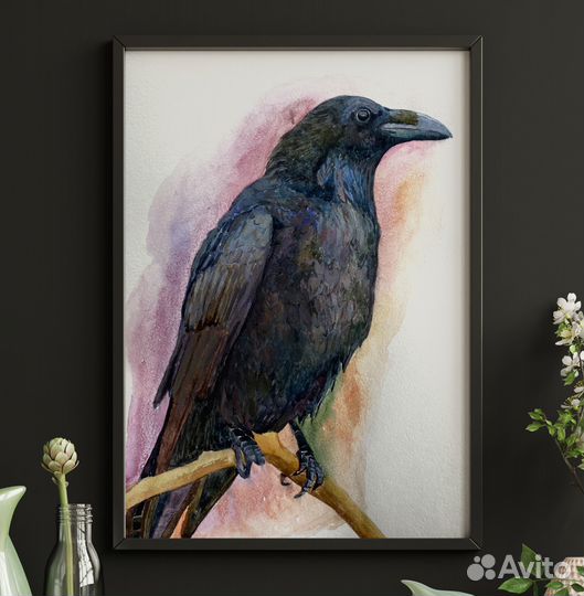 Картина черный ворон акварелью 20x30 см