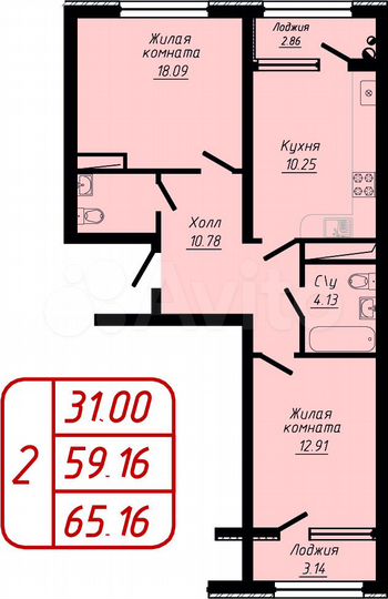 2-к. квартира, 65,2 м², 3/10 эт.