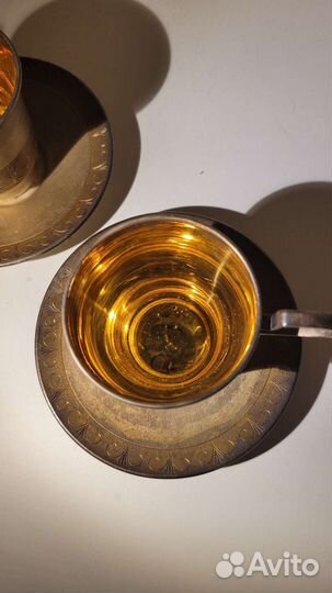 Набор из двух чашек с блюдцем мельхиор с позолотой